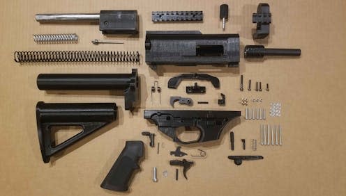 <span class="caption">The components of the FGC-9 3D-printed gun.</span> <span class="attribution"><a class="link " href="https://en.wikipedia.org/wiki/FGC-9#/media/File:FGC-9_Components.jpg" rel="nofollow noopener" target="_blank" data-ylk="slk:JStark1809 / Deterrence Dispensed/Wikimedia Commons;elm:context_link;itc:0;sec:content-canvas">JStark1809 / Deterrence Dispensed/Wikimedia Commons</a>, <a class="link " href="http://creativecommons.org/licenses/by/4.0/" rel="nofollow noopener" target="_blank" data-ylk="slk:CC BY;elm:context_link;itc:0;sec:content-canvas">CC BY</a></span>