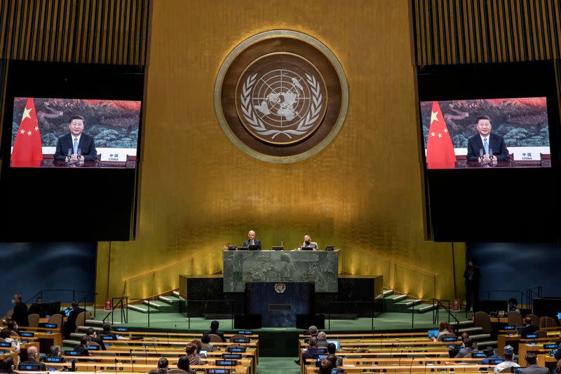 FILE PHOTO: People's Republic of China President Xi Jinping speaks during the 75th annual U.N. General Assembly