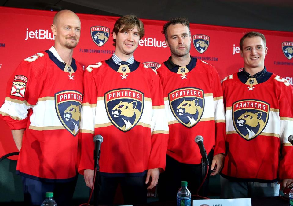 Bobrovsky (second from left) has a big contract to live up to. (Charles Trainor/Miami Herald/TNS via Getty Images)