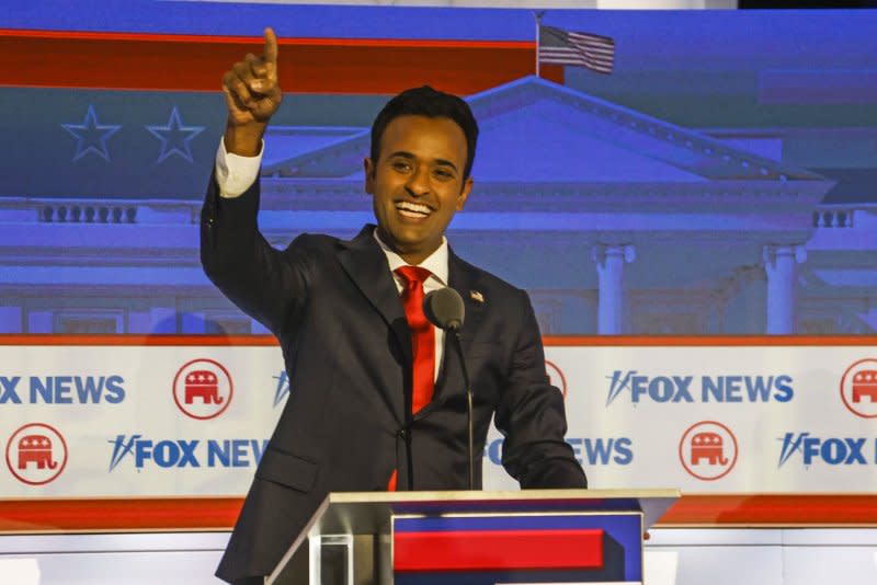 Republican presidential candidate Vivek Ranaswamy waves after taking the stage at the first Republican presidential candidate debate of the 2024 presidential race at Fiserv Forum in Milwaukee, Wis., Wednesday. Photo by Tannen Maury/UPI