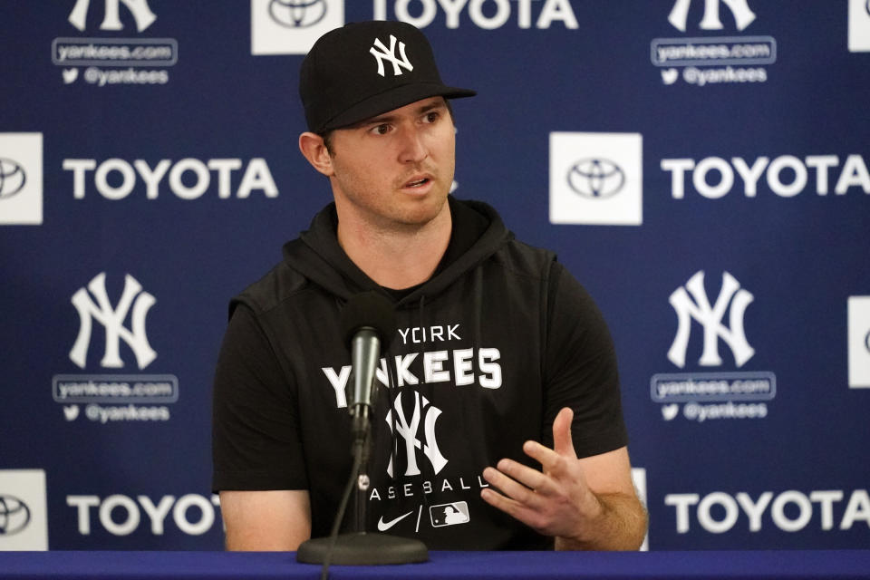 New York Yankees pitcher Zack Britton answers questions during a news conference at spring training baseball workout, Monday, March 14, 2022, in Tampa, Fla. (AP Photo/John Raoux)
