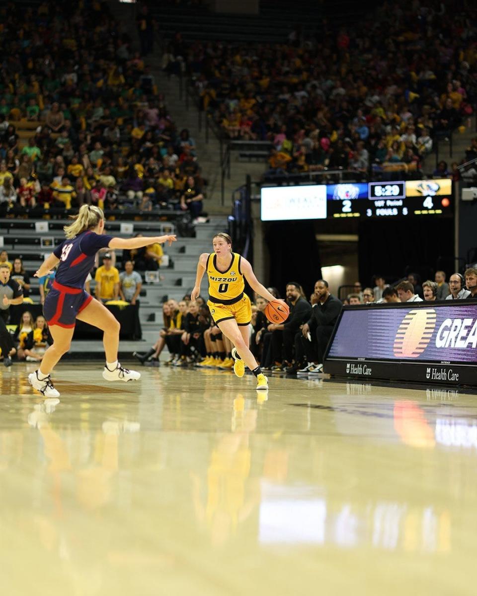 Missouri freshman guard Grace Slaughter brings the ball up the court against Belmont during a game at Mizzou Arena on Nov. 6, 2023, in Columbia, Mo.