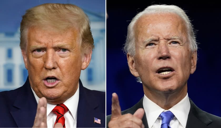 President Donald Trump speaks at a news conference in the James Brady Press Briefing Room at the White House, (right) Democratic Nominee for President Joe Biden speaks diring the DNC.