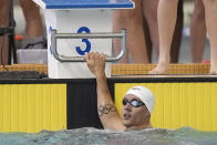 Caeleb Dressel looks up after swimming the men's 100 butterfly during the Speedo Atlanta Classic finals Friday, May 12, 2023, in Atlanta. (AP Photo/Brynn Anderson)
