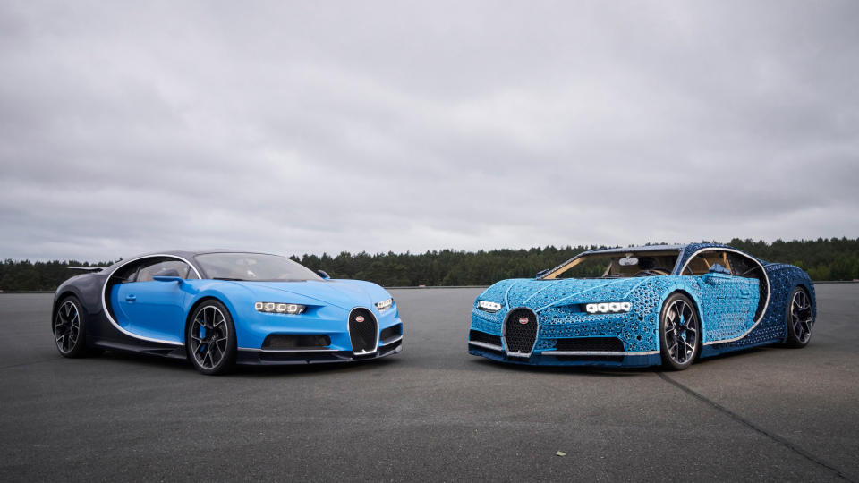 A real Bugatti Chiron (left) next to its Lego imitation (right). (Photo: Lego)