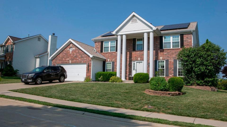 This photo shows solar panels on the front-facing roof of the Bassler home at The Orchards in Belleville, as seen from the street. The homeowners association has argued that they violate subdivision rules.