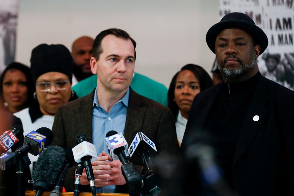 State Rep. John Ray Clemmons speaks about Tyre Nichols and possible statewide police reform legislation in response to his death as State Rep. Joe Towns looks on at a press conference at the AFSCME Union in Memphis, Tenn., on Saturday, January 28, 2023. 