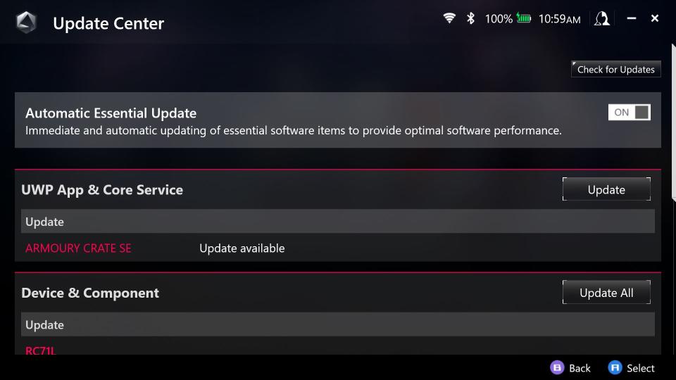 Image of update center on the ROG Ally
