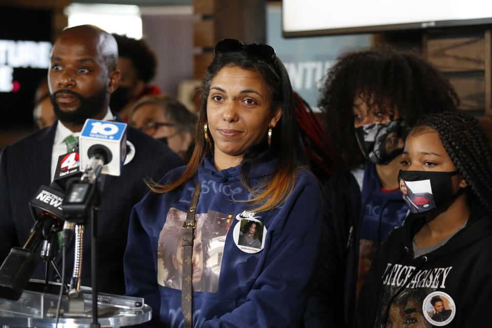 Tamala Payne, mother of Casey Goodson Jr., answers questions during a news conference Thursday, Dec. 2, 2021, in Columbus, Ohio about the indictment of a former deputy who shot and killed her son. Jason Mead, the Ohio sheriff's deputy who fatally shot Casey Goodson Jr. in the back five times has been charged with murder and reckless homicide. (AP Photo/Jay LaPrete)