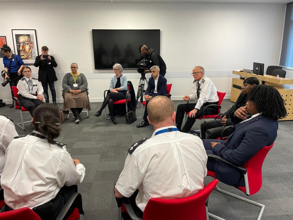 Deputy Mayor for Policing Sophie Linden, Mayor Sadiq Khan and Met Commissioner Sir Mark Rowley spoke with participants in the Met’s community input training programme this week, where trainee officers hear directly from representatives of London’s minority communities (Noah Vickers/Local Democracy Reporting Service)