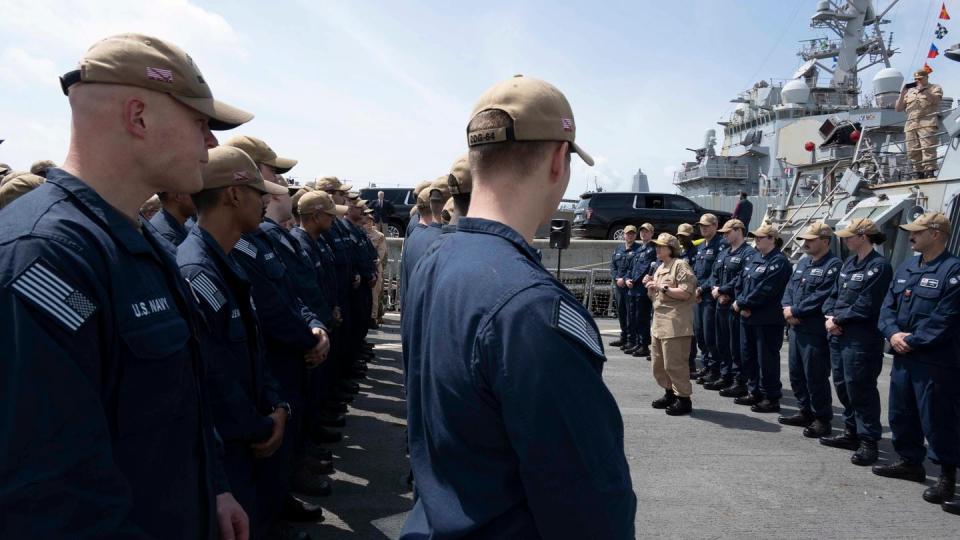 Chief of Naval Operations Adm. Lisa Franchetti welcomed the sailors of the destroyer Carney back to Norfolk, Virginia, on Friday. Following an historic deployment, Carney made a pitstop there before continuing on to its home port in Mayport, Florida. (Mass Communication Specialist 1st Class William Spears/Navy)