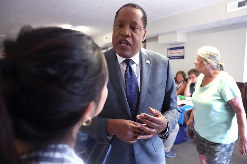 NEOLA, IOWA - JULY 06: Republican presidential candidate Larry Elder speaks to press during a campaign stop at the Pottawattamie County GOP Executive Council Social Hour on July 06, 2023 in Neola, Iowa. Elder, a conservative talk show host, turned up for the event alongside former Vice President Mike Pence.