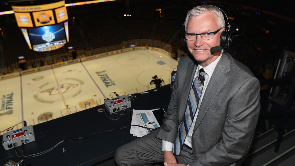 NASHVILLE, TN - JUNE 03: Sportscaster for Hockey Night in Canada and Ambassador for the Canadian Men's Health Foundation, Jim Hughson, poses in the broadcast booth before calling the play-by-play for Game Three of the 2017 NHL Stanley Cup Final between the Pittsburgh Penguins and the Nashville Predators at Bridgestone Arena on June 3, 2017 in Nashville, Tennessee. (Photo by Dave Sandford/NHLI via Getty Images)