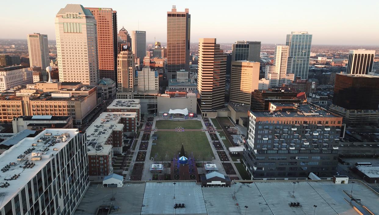 An overhead look at the John F. Wolfe Columbus Commons park, set on the former City Center Mall site in Columbus. Franklin County and central Ohio again led the state in growth, according to the Census Bureau.