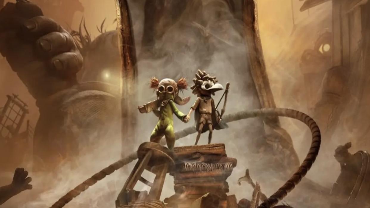  The two protagonists of Little Nightmares 3 stand atop a pile of books and other junk. One wears a bird skull as a helmet. 