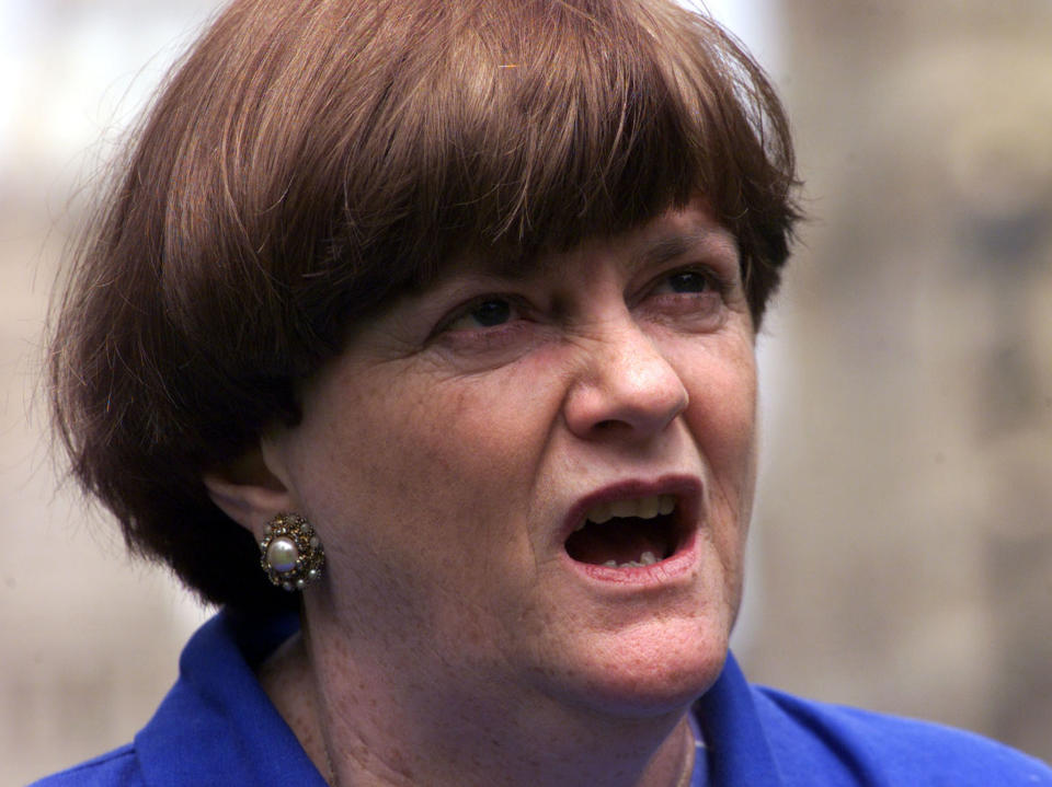 Conservative Party Shadow Home Secretary Anne Widdecombe speaks to reporters outside the Houses of Parliament in London June 13, 2001. Widdecombe said she would not serve in the shadow cabinet if Michael Portillo, who earlier announced his intention to run for the leadership of the party, became Conservative leader.

JB