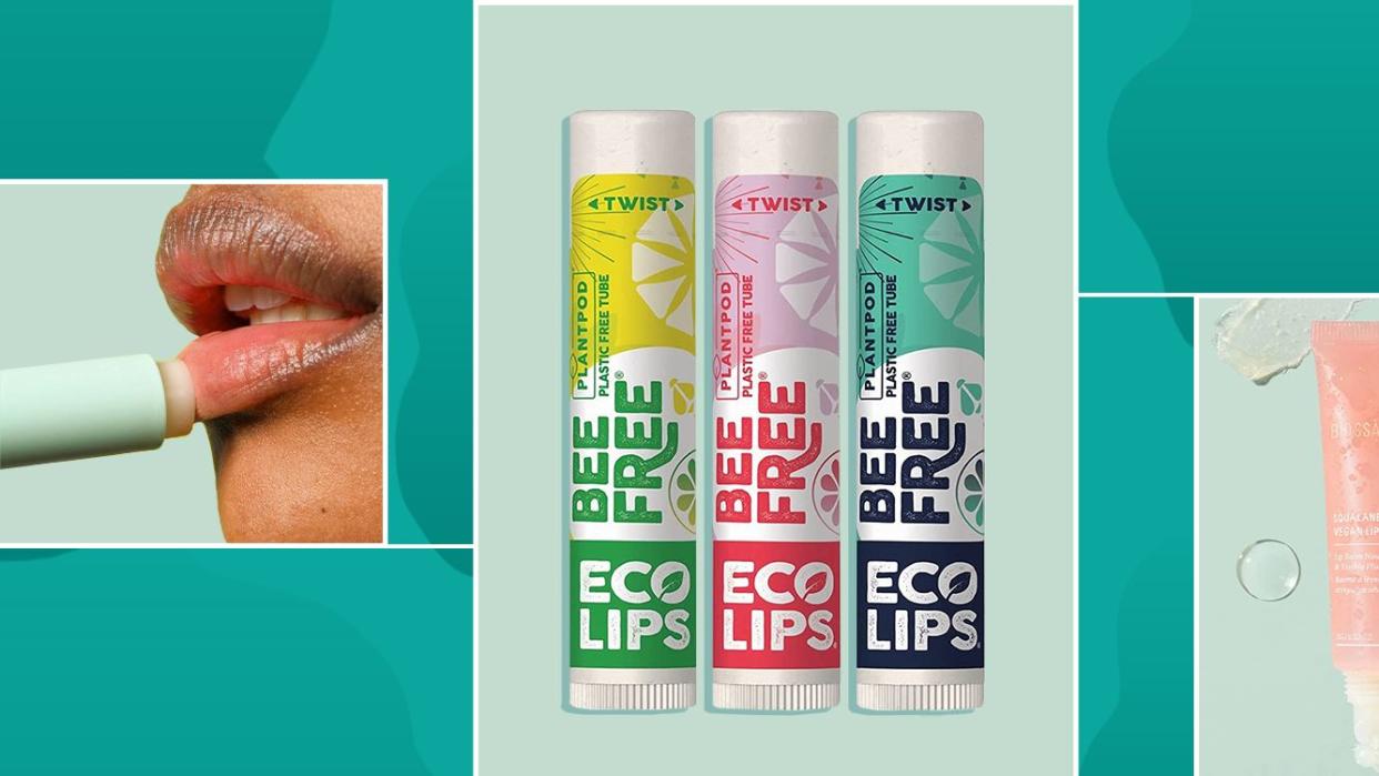 lip balm being applied to lips, a set of three eco lips lip balms, and a lip balm applicator