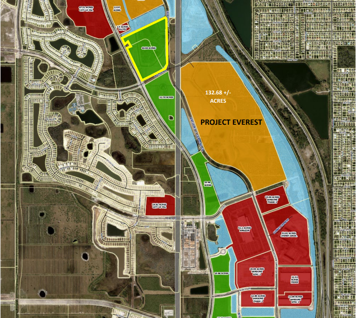 A map shows the proposed located of a second "entertainment district" in Southern Grove, near Tradition, outlined in yellow. Lots filled in red are occupied, lots filled in yellow are under contract and lots filled in green are available.