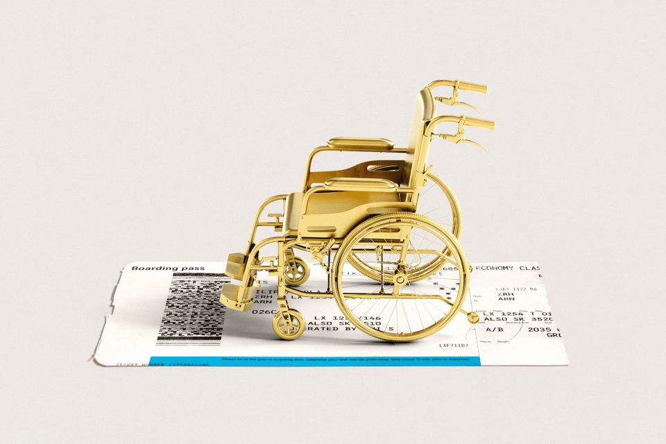 Photo illustration of a golden wheelchair on top of an airline boarding pass.