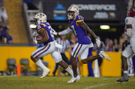 LSU running back Noah Cain (21) carries for a touchdown in the second half of an NCAA college football game against New Mexico in Baton Rouge, La., Saturday, Sept. 24, 2022. LSU won 38-0. (AP Photo/Gerald Herbert)