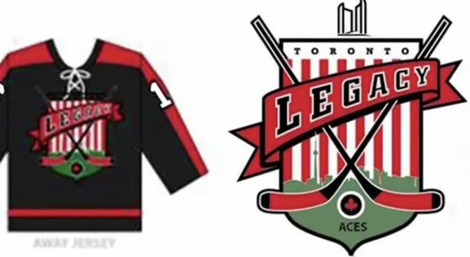 The proposed away jersey and logo for the Toronto Legacy Aces, the expansion NHL team investors hope to bring to the city in 2021. (YouTube//CityNews Toronto)