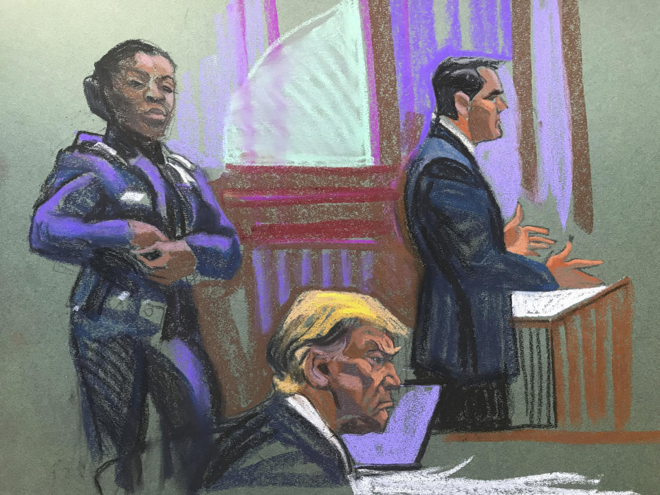 In this courtroom sketch, former US President Donald Trump sits while his lawyer Todd Blanche, right, speaks during the second day of jury selection in his hush money criminal trial in Manhattan criminal court in New York on Tuesday, April 16, 2024. (Christine Cornell via AP, Pool)