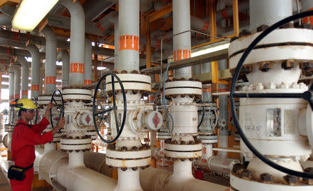 An Iranian man works on an oil production platform at the Soroush oil fields in the Persian Gulf, south of the capital Tehran, July 25, 2005. REUTERS/File Photo