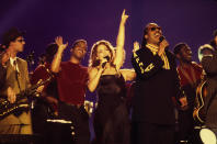 Musician Stevie Wonder and Gloria Estefan performing at Superbowl XXXIII Halftime on January 31, 1999 in Miami. (Photo by Al Pereira/Michael Ochs Archives/Getty Images)