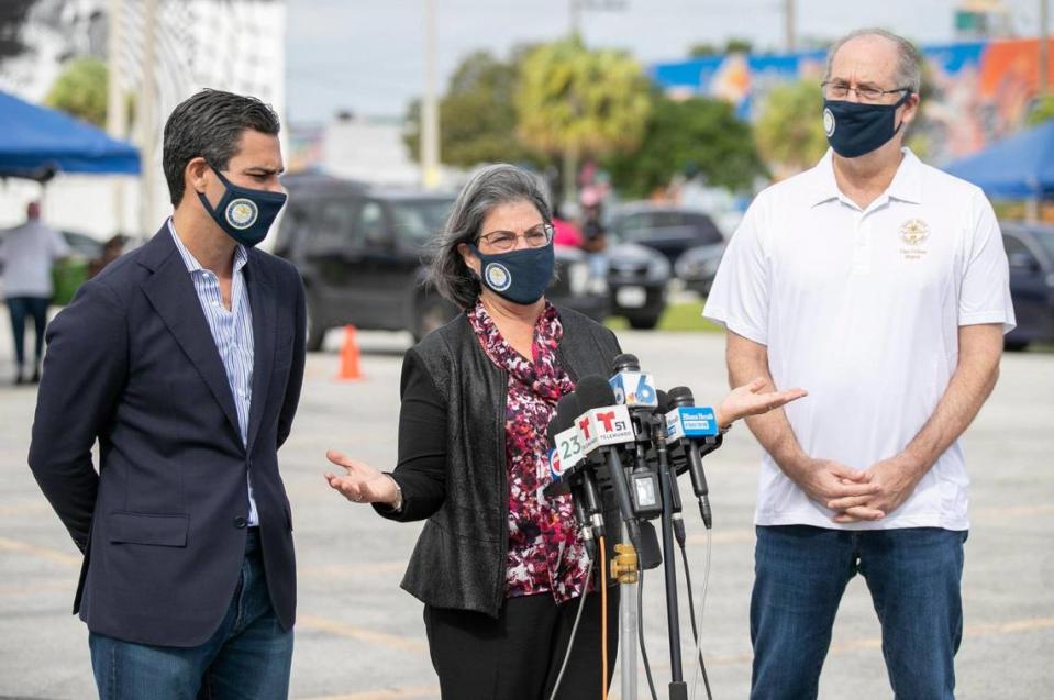 Daniella Levine Cava speaks to the media on Wednesday, November 4, 2020, after defeating Esteban “Steve” Bovo for Miami-Dade mayor in Tuesday’s runoff. At left is City of Miami Mayor Francis Suarez and at right, Miami Beach Mayor Dan Gelber.