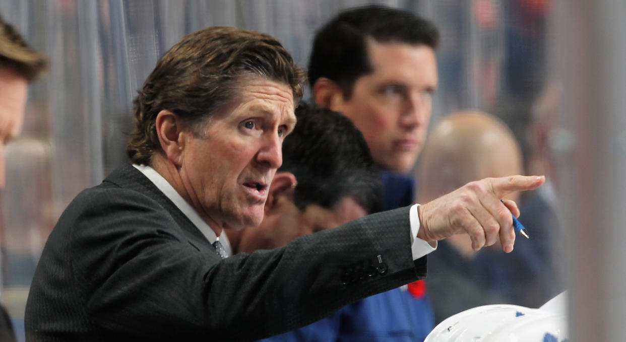 Toronto's Mike Babcock hit a major career milestone with his squad's overtime win over the Vegas Golden Knights on Thursday night. (Photo by Len Redkoles/NHLI via Getty Images)