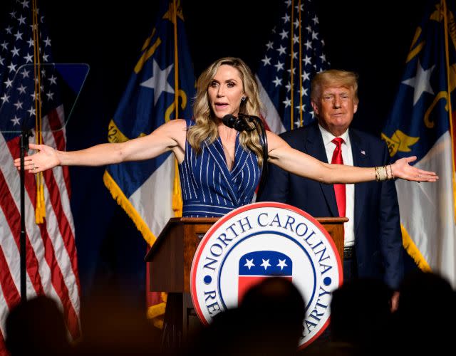 GREENVILLE, NC – JUNE 05: Laura Trump speaks at the NCGOP state convention as former U.S. President Donald Trump on June 5, 2021 in Greenville, North Carolina. Laura Trump put rumors to bed by announcing she would not be running for the N.C. Senate. The event is one of former U.S. President Donald Trumps first high-profile public appearances since leaving the White House in January. (Photo by Melissa Sue Gerrits/Getty Images)