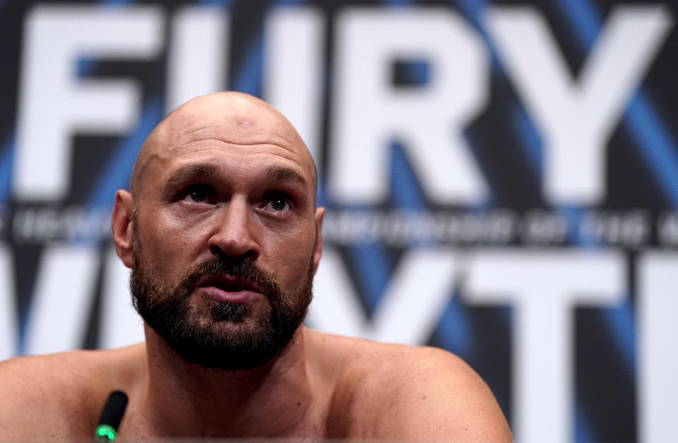 Tyson Fury during a press conference following his victory over Dillian Whyte at Wembley Stadium, London. Picture date: Saturday April 23, 2022.