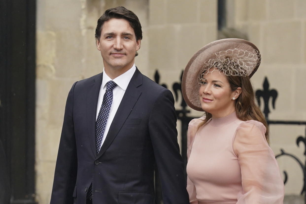 Canadian Prime minister Justin Trudeau and wife Sophie Grégoire Trudeau arrive ahead of the coronation ceremony of King Charles III at Westminster Abbey, central London, Saturday, May 6, 2023. (Jacob King/PA via AP)
