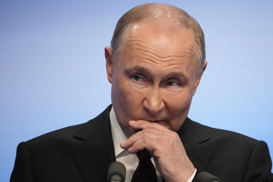 Russian President Vladimir Putin speaks on a visit to his campaign headquarters after the presidential election in Moscow, Russia, early Monday, March 18, 2024. (AP Photo/Alexander Zemlianichenko)