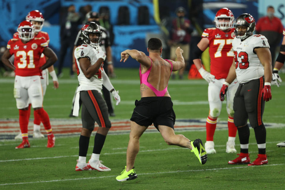 An unidentified man takes the field during the fourth quarter in the 2021 Super Bowl between the Tampa Bay Buccaneers and the Kansas City Chiefs at Raymond James Stadium on Feb. 7, 2021, in Tampa, Florida. (Photo: Patrick Smith via Getty Images)