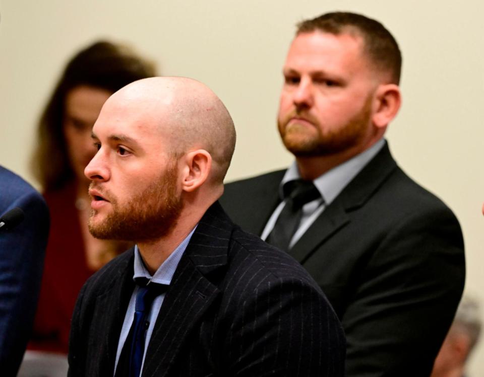 PHOTO: Former Aurora officer Jason Rosenblatt, left, and Aurora Police Officer Randy Roedema, right, during an arraignment in the Adams County district court at the Adams County Justice Center, Jan. 20, 2023.  (Andy Cross/MediaNews Group/The Denver Post via Getty Images, FILE)