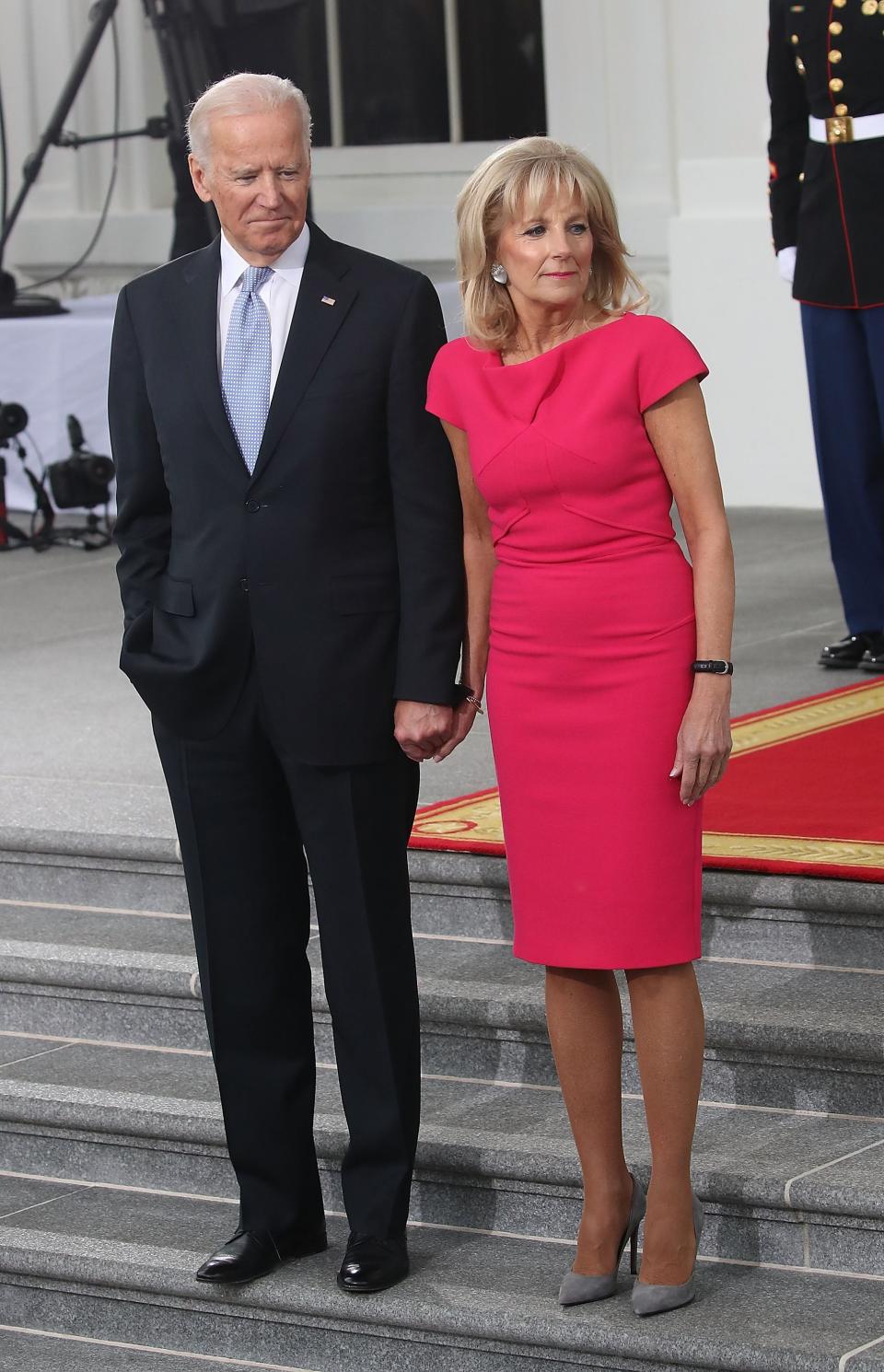 Jill Biden wears a hot pink shift dress and pumps, January 2017Getty Images