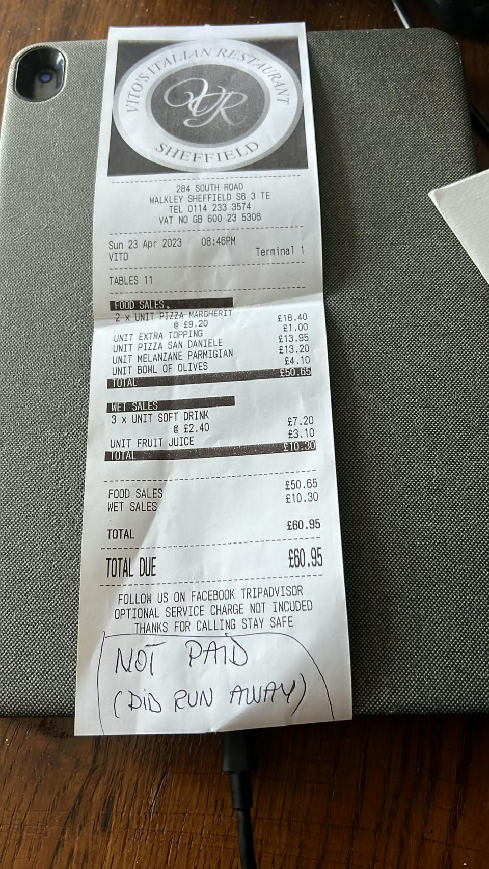 The bill came to £60.95 – which the owner will donate to charity if paid.(SWNS)
