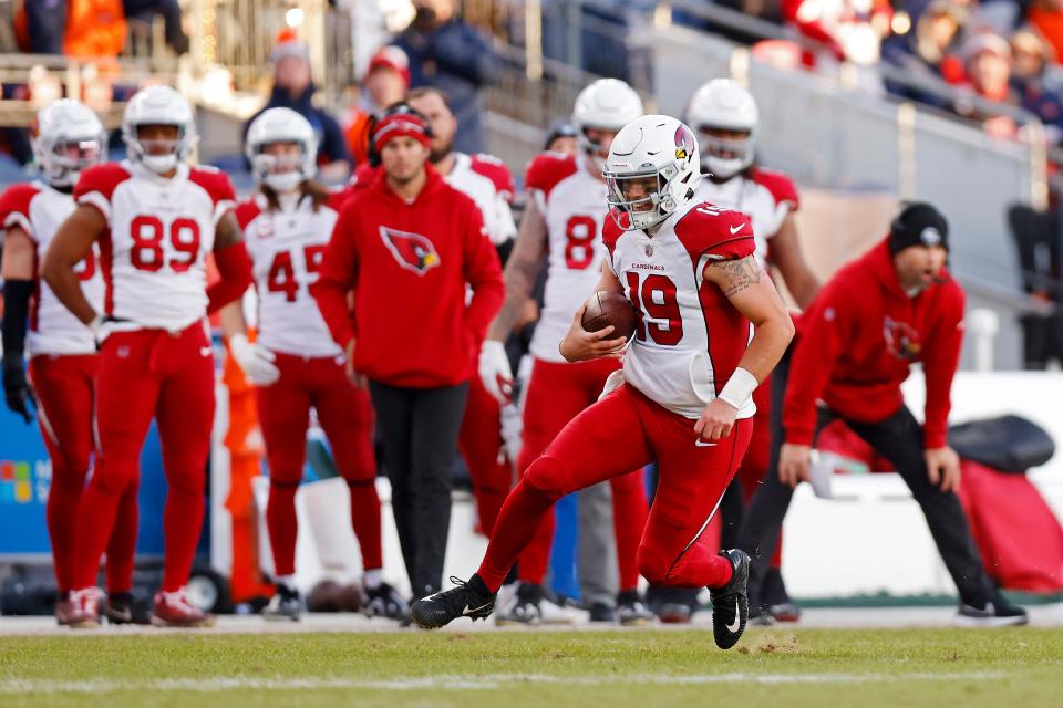 Trace McSorley #19 of the Arizona Cardinals runs the ball during the third quarter in the game against the Denver Broncos at Empower Field At Mile High on Dec. 18, 2022, in Denver, Colorado.