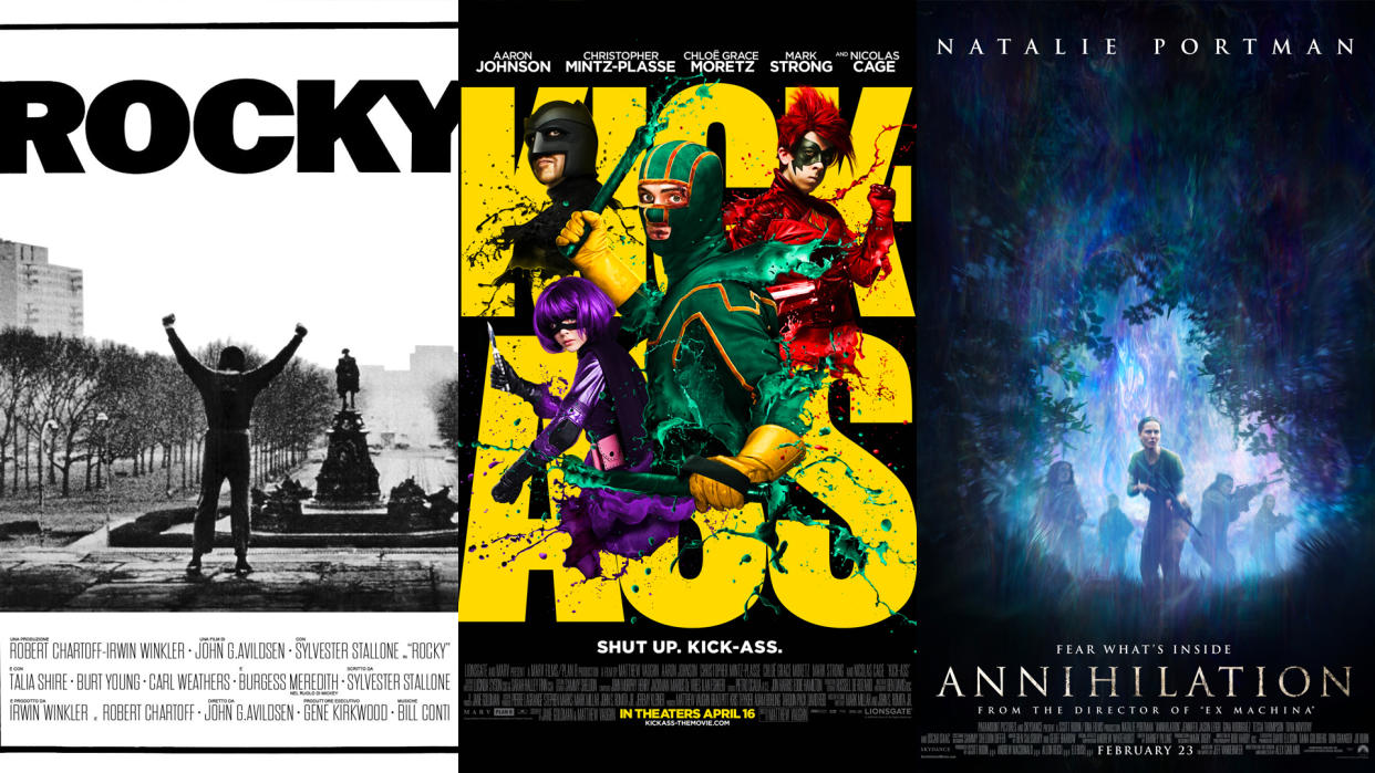  THe movie posters for Kick-Ass, Annihilation and Rocky. 