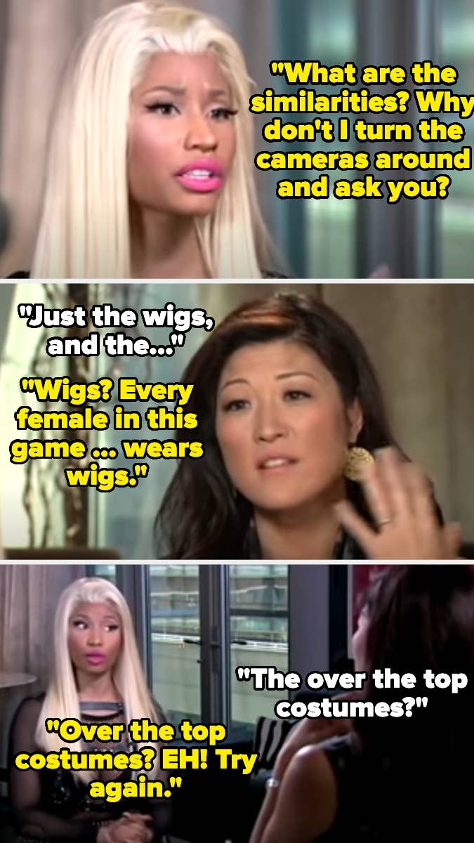 Nicki Minaj with blonde wig and pink lipstick being interviewed. Interviewer mentions wigs and costumes. Nicki Minaj responds about over-the-top costumes