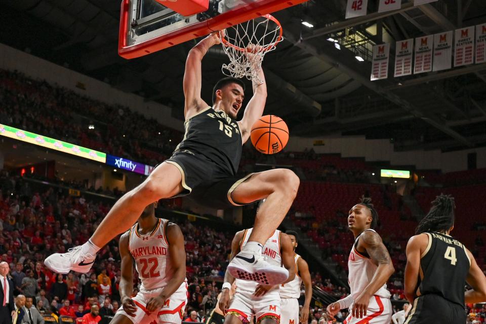 Jan. 2: Purdue center Zach Edey (15) dunks as Maryland Terrapins players look on during the first half. The top-ranked Boilermakers won 67-53.
