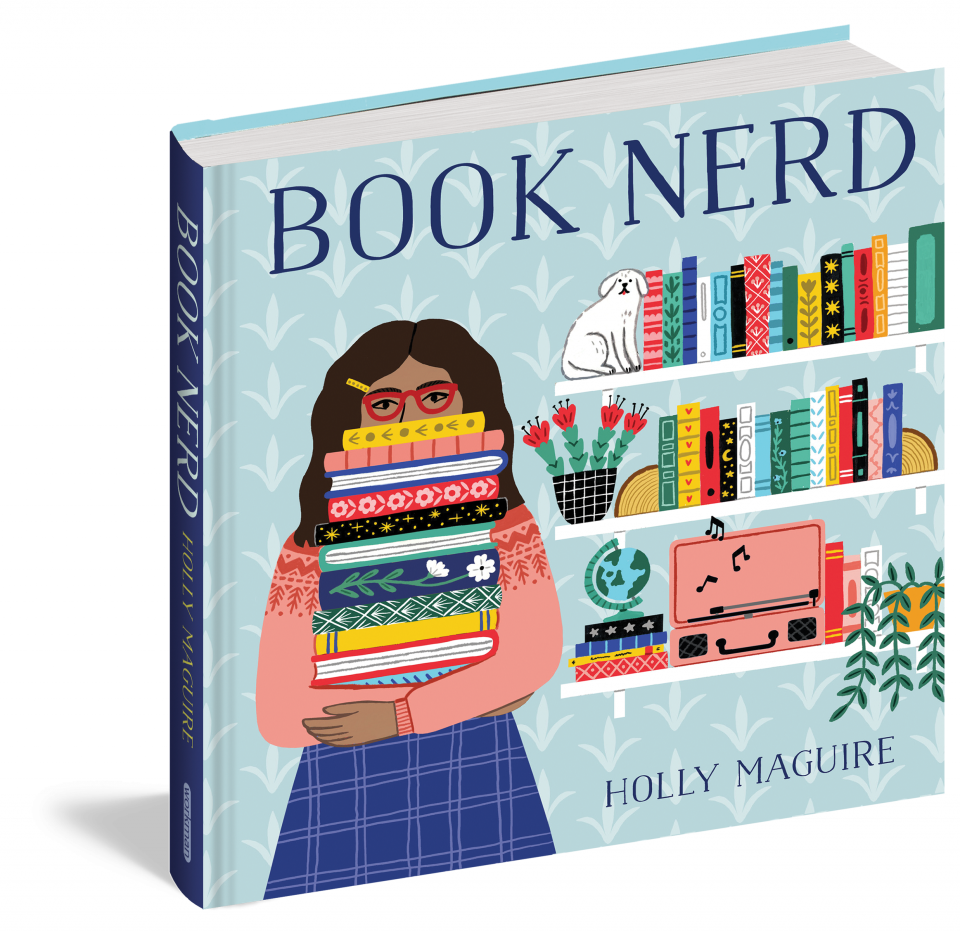 The illustrated cover of Book Nerd with a woman holding books besides books on shelves