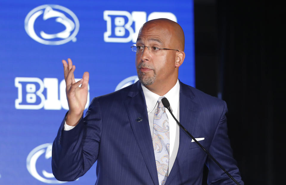 FILE - In this July 19, 2019, file photo, Penn State head coach James Franklin responds to a question during the Big Ten Conference NCAA college football media days in Chicago. The Nittany Lions return just 11 seniors from last season’s 9-4 team that finished third in the Big Ten East. Penn State has 55 first- or second-year players. “You've got a bunch of guys that are hungry and are excited and that have something to really prove and got a chip on their shoulder,” Penn State coach James Franklin said. “Obviously, you lack experience, and experience counts and experience matters.”(AP Photo/Charles Rex Arbogast, File)