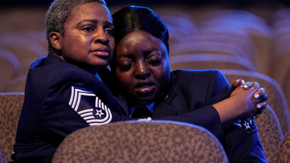 U.S. Air Force personnel mourn slain airman Roger Fortson during his funeral at New Birth Missionary Baptist Church, May 17, 2024, near Atlanta. (Brynn Anderson/AP)