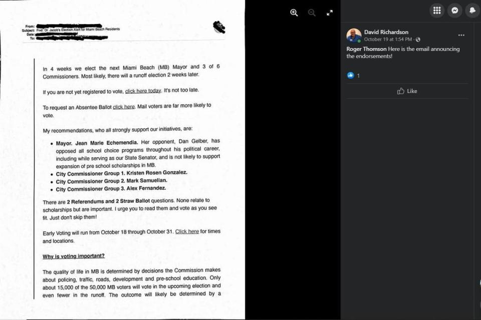 Miami Beach Commissioner David Richardson shared a private email he said showed that four City Commission candidates were endorsed by Allan Jacob, a political influencer in South Florida’s Jewish community and school-choice advocate.