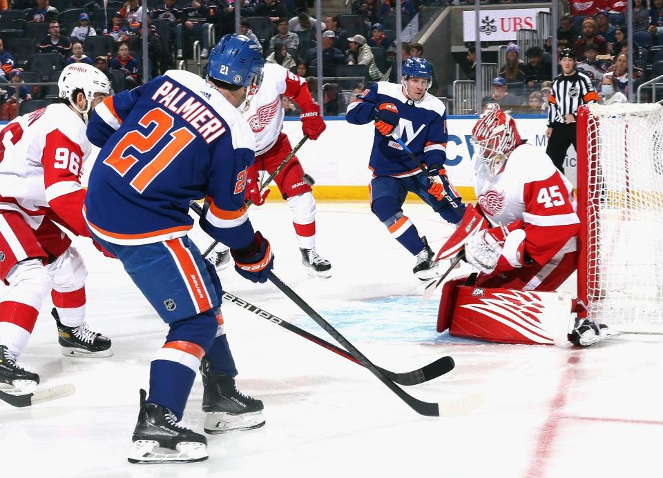 Magnus Hellberg of the Detroit Red Wings makes the second-period save against the New York Islanders at UBS Arena in Elmont, New York, on Saturday, March 4, 2023.