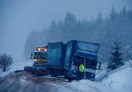 <p>£23,376 annual salary, 38 deaths: Driving through rain, snow, on ice and at night in a articulated lorry weighing in excess of 3.5 tonnes, dozens of lorry drivers have lost their lives over the years (Mark Runnacles/Getty Images) </p>