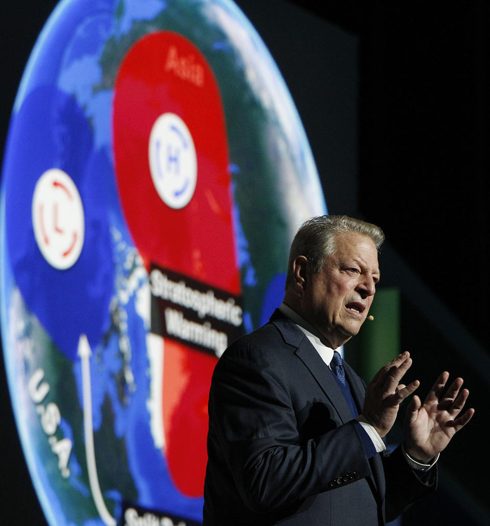 Former U.S vice president and climate activist Al Gore makes a speech on acting for climate to participants in a U.N. climate summit that is to work out ways of keeping global warming in check, in Katowice, Poland, Wednesday, Dec. 12, 2018. (AP Photo/Czarek Sokolowski)