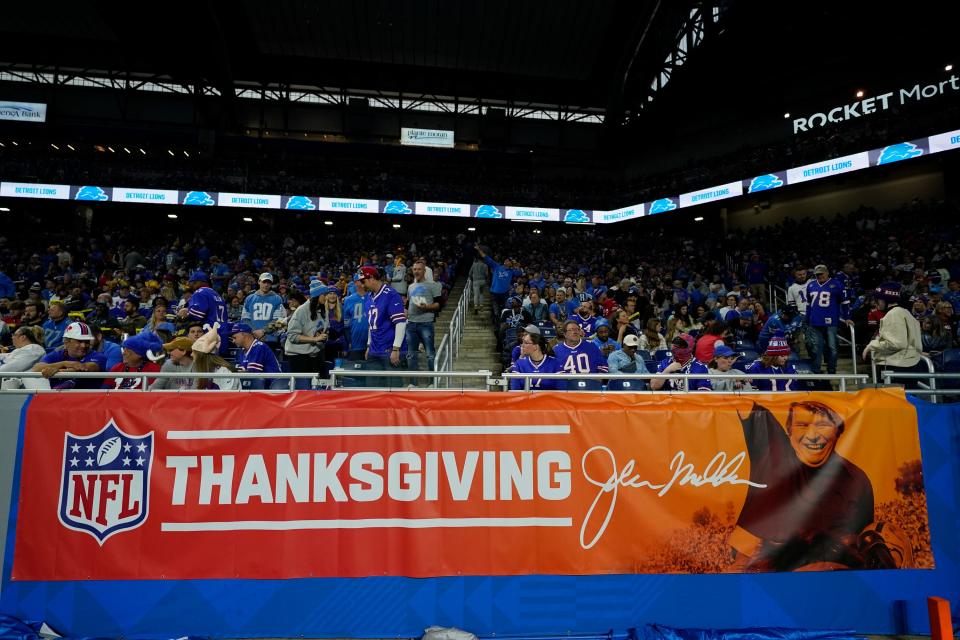 A John Madden Thanksgiving sign is shown at Ford Field during the second half of an NFL football game between the Detroit Lions and the Buffalo Bills, Thursday, Nov. 24, 2022, in Detroit. (AP Photo/Paul Sancya)